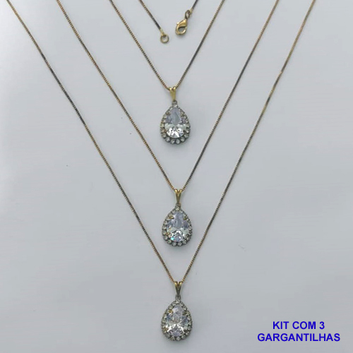 GARGANTILHA NO BRUTO PRONTA PARA O BANHO - (CX.25) KIT COM 3 CORRENTES VENEZIANAS 45CM E PINGENTES COM BASES CRAVEJADAS EM CRISTAIS E ZIRCÔNIA CRISTAL 10X14MM - PESO TOTAL 11,5GR - BRU15578