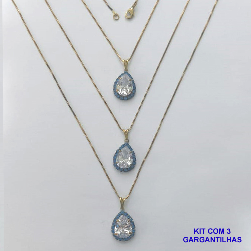 GARGANTILHA NO BRUTO PRONTA PARA O BANHO - (CX.25)  KIT COM 3 CORRENTES VENEZIANAS 45CM E PINGENTES COM BASES CRAVEJADAS EM CRISTAIS AZUIS E ZIRCÔNIA CRISTAL 10X14MM - PESO TOTAL 11,5GR - BRU15579