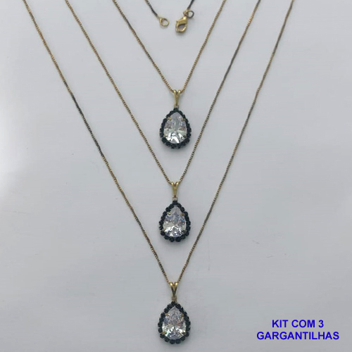 GARGANTILHA NO BRUTO PRONTA PARA O BANHO -  (CX.25)  KIT COM 3 CORRENTES VENEZIANAS 45CM E PINGENTES COM BASES CRAVEJADAS EM CRISTAIS PRETOS E ZIRCÔNIA CRISTAL 10X14MM - PESO TOTAL 11,5GR - BRU15581
