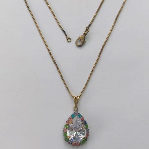 GARGANTILHA NO BRUTO PRONTA PARA O BANHO - CORRENTE VENEZIANA 45CM E PINGENTES COM BASES CRAVEJADAS EM CRISTAIS COLORIDOS E ZIRCÔNIA CRISTAL 10X14MM - PESO TOTAL 3,84GR - BRU15587