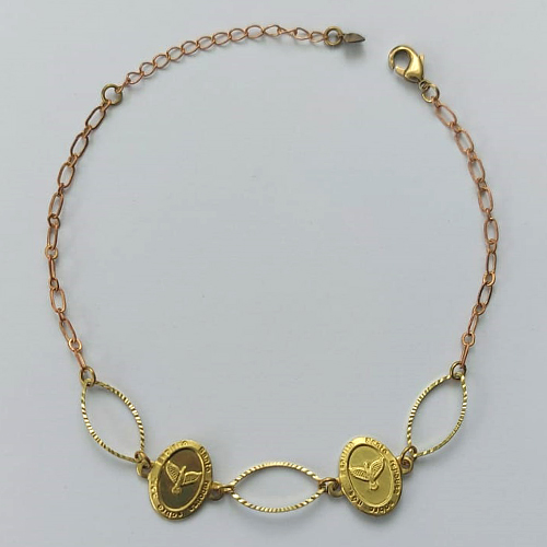 PULSEIRA NO BRUTO PRONTA PARA O BANHO  (CX.25)  (3.1476A2) PULSEIRA COM 2 PINGENTES ESPÍRITO SANTO E ELEMENTOS VAZADOS 18CM + EXTENSOR - PESO TOTAL 2,2GR - BRU15589