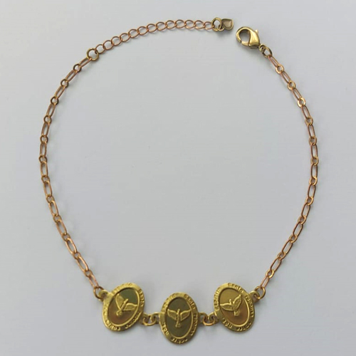 PULSEIRA NO BRUTO PRONTA PARA O BANHO  (CX.25)  (3.1476A2) PULSEIRA COM 3 PINGENTES ESPÍRITO SANTO 18CM + EXTENSOR - PESO TOTAL 2,4GR - BRU15590