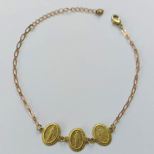 PULSEIRA NO BRUTO PRONTA PARA O BANHO  (CX.25)  (3.1446A2) PULSEIRA COM 3 PINGENTES NOSSA SRA DAS GRAÇAS 18CM + EXTENSOR - PESO TOTAL 2,6GR - BRU15595