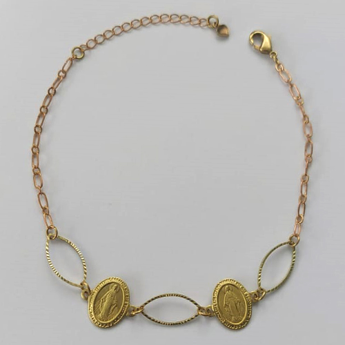 PULSEIRA NO BRUTO PRONTA PARA O BANHO  (CX.25)  (3.1446A2) PULSEIRA COM 2 PINGENTES NOSSA SRA DAS GRAÇAS E ELEMENTOS VAZADOS 18CM + EXTENSOR - PESO TOTAL 2,5GR - BRU15596