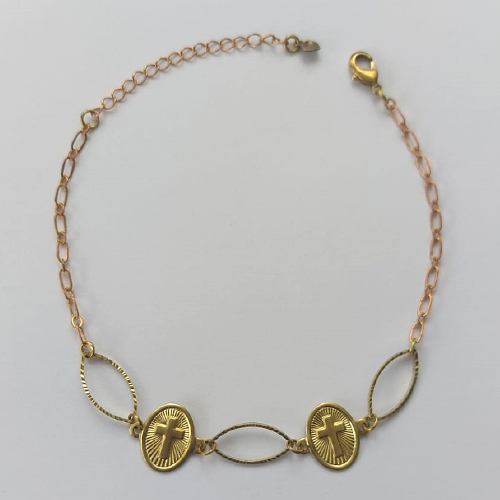 PULSEIRA NO BRUTO PRONTA PARA O BANHO  (CX.25)  (3.1874A2) PULSEIRA COM 2 PINGENTES CRUCIFIXOS E ELEMENTOS VAZADOS 18CM + EXTENSOR - PESO TOTAL 2,2GR - BRU15599