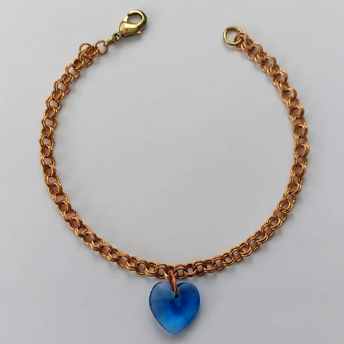 PULSEIRA NO BRUTO PRONTA PARA O BANHO - (L-1067D) PULSEIRA COM ELOS DUPLOS E PINGENTE CORAÇÃO EM VIDRO AZUL 14MM - TAMANHO 18CM - LARGURA 4MM - FECHO LAGOSTA - PESO 6,2GR - COMPOSIÇÃO: LATÃO / VIDRO - BRU15626