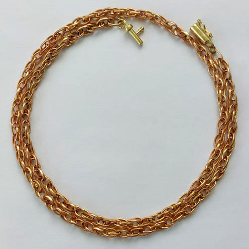 CORRENTE NO BRUTO PRONTA PARA O BANHO - (M11MC) CORRENTE COM ELOS ENTRELAÇADOS - TAMANHO 60CM - LARGURA 5,2MM - FECHO CANHÃO COM TRAVA - PESO 26,6GR - COMPOSIÇÃO: 100% LATÃO - BRU15674