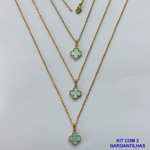GARGANTILHA NO BRUTO PRONTA PARA O BANHO - KIT COM 3 CORRENTES CADEADOS 45CM E PINGENTES TIPO VAN CLEEF EM RESINA VERDE CLARA 10MM - PESO TOTAL 5,7GR - BRU15695