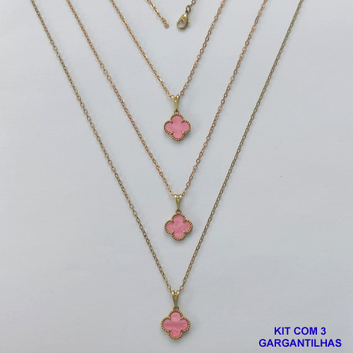 GARGANTILHA NO BRUTO PRONTA PARA O BANHO - KIT COM 3 CORRENTES CADEADOS 45CM E PINGENTES TIPO VAN CLEEF EM RESINA ROSA 10MM - PESO TOTAL 5,7GR - BRU15697