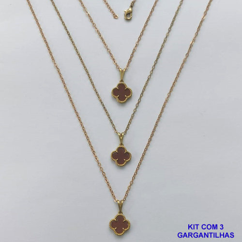 GARGANTILHA NO BRUTO PRONTA PARA O BANHO - KIT COM 3 CORRENTES CADEADOS 45CM E PINGENTES TIPO VAN CLEEF EM RESINA MARROM 10MM - PESO TOTAL 5,7GR - BRU15698
