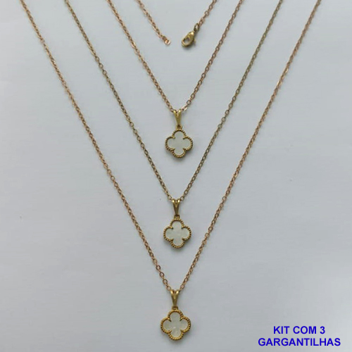 GARGANTILHA NO BRUTO PRONTA PARA O BANHO - KIT COM 3 CORRENTES CADEADOS 45CM E PINGENTES TIPO VAN CLEEF EM RESINA MADRE PÉROLA 10MM - PESO TOTAL 5,7GR - BRU15699