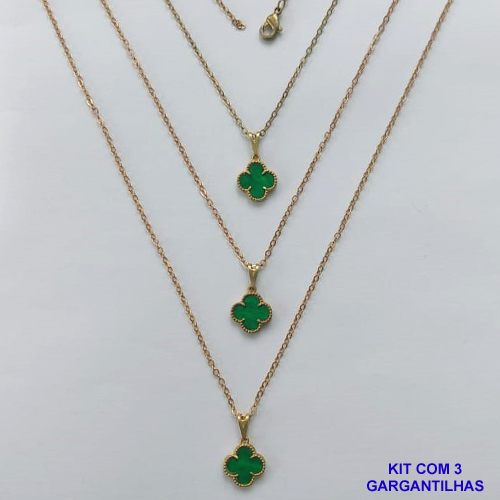 GARGANTILHA NO BRUTO PRONTA PARA O BANHO - KIT COM 3 CORRENTES CADEADOS 45CM E PINGENTES TIPO VAN CLEEF EM RESINA VERDE 10MM - PESO TOTAL 5,7GR - BRU15700