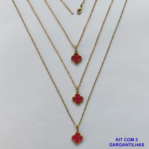 GARGANTILHA NO BRUTO PRONTA PARA O BANHO - KIT COM 3 CORRENTES CADEADOS 45CM E PINGENTES TIPO VAN CLEEF EM RESINA VERMELHA 10MM - PESO TOTAL 5,7GR - BRU15701