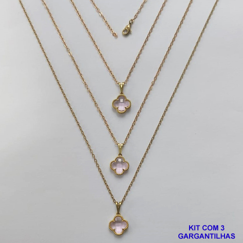 GARGANTILHA NO BRUTO PRONTA PARA O BANHO - KIT COM 3 CORRENTES CADEADOS 45CM E PINGENTES TIPO VAN CLEEF EM VIDRO ROSA 10MM - PESO TOTAL 6GR - BRU15703