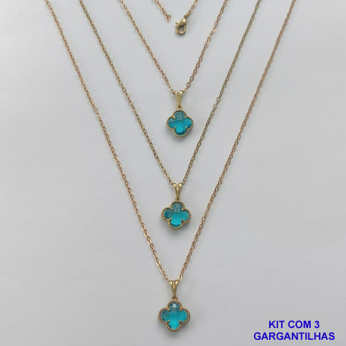 GARGANTILHA NO BRUTO PRONTA PARA O BANHO - KIT COM 3 CORRENTES CADEADOS 45CM E PINGENTES TIPO VAN CLEEF EM VIDRO AZUL 10MM - PESO TOTAL 6GR - BRU15705