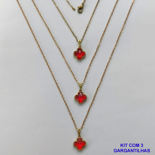 GARGANTILHA NO BRUTO PRONTA PARA O BANHO - KIT COM 3 CORRENTES CADEADOS 45CM E PINGENTES TIPO VAN CLEEF EM VIDRO VERMELHO 10MM - PESO TOTAL 6GR - BRU15706