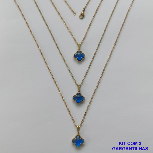 GARGANTILHA NO BRUTO PRONTA PARA O BANHO - KIT COM 3 CORRENTES CADEADOS 45CM E PINGENTES TIPO VAN CLEEF EM VIDRO AZUL ESCURO 10MM - PESO TOTAL 6GR - BRU15707