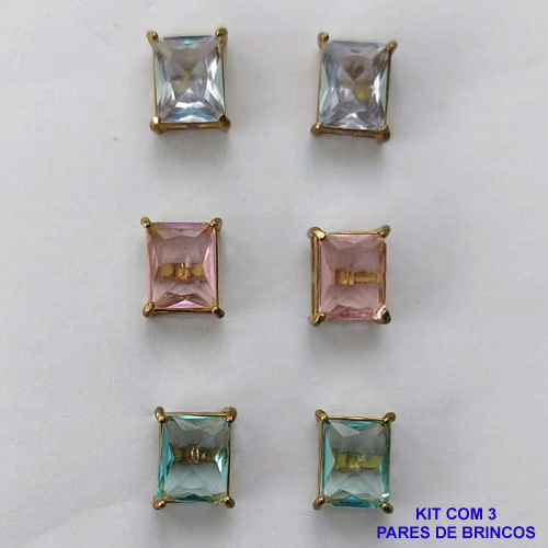 BRINCO NO BRUTO PRONTO PARA O BANHO - KIT COM 3 BRINCOS DE PINO COM ZIRCÔNIA RETANGULAR 8X10MM - PESO TOTAL 8,9GR - BRU15708