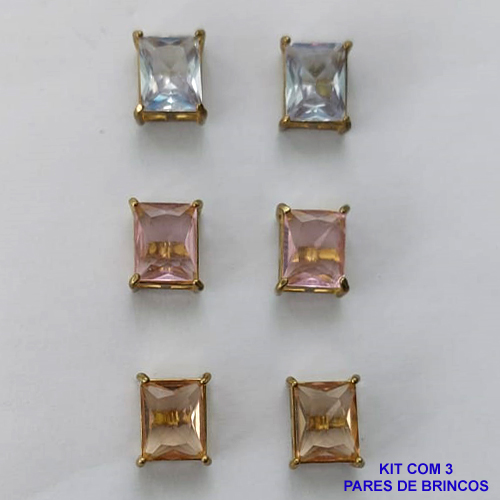 BRINCO NO BRUTO PRONTO PARA O BANHO - KIT COM 3 BRINCOS DE PINO COM ZIRCÔNIA RETANGULAR 8X10MM - PESO TOTAL 8,9GR - BRU15709