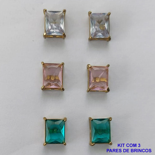 BRINCO NO BRUTO PRONTO PARA O BANHO - KIT COM 3 BRINCOS DE PINO COM ZIRCÔNIA RETANGULAR 8X10MM - PESO TOTAL 8,9GR - BRU15710