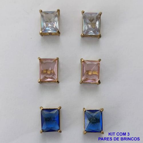 BRINCO NO BRUTO PRONTO PARA O BANHO - KIT COM 3 BRINCOS DE PINO COM ZIRCÔNIA RETANGULAR 8X10MM - PESO TOTAL 8,9GR - BRU15711