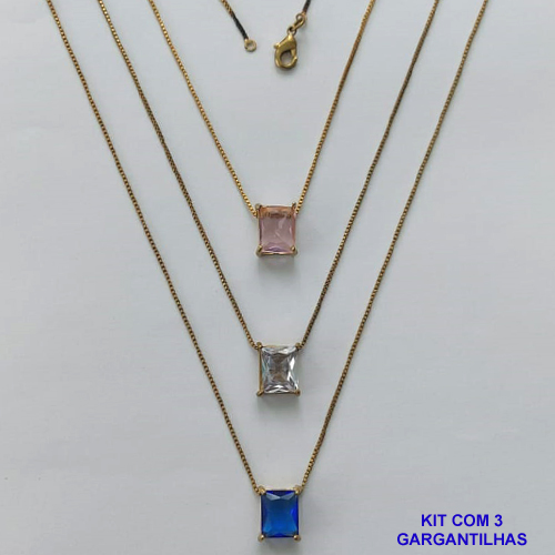 GARGANTILHA NO BRUTO PRONTA PARA O BANHO - KIT COM 3 GARGANTILHAS COM CORRENTES VENEZIANA 45CM E PINGENTE EM ZIRCÔNIA RETANGULAR 8X10CM - PESO TOTAL 10,5GR - BRU15712