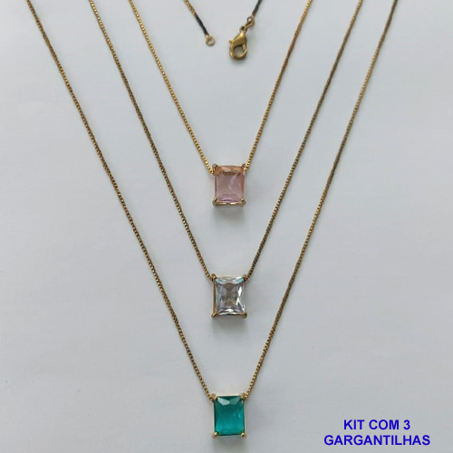 GARGANTILHA NO BRUTO PRONTA PARA O BANHO - KIT COM 3 GARGANTILHAS COM CORRENTES VENEZIANA 45CM E PINGENTE EM ZIRCÔNIA RETANGULAR 8X10CM - PESO TOTAL 10,5GR - BRU15713