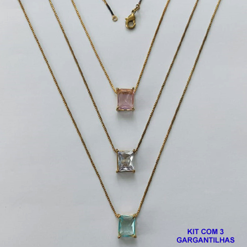 GARGANTILHA NO BRUTO PRONTA PARA O BANHO - KIT COM 3 GARGANTILHAS COM CORRENTES VENEZIANA 45CM E PINGENTE EM ZIRCÔNIA RETANGULAR 8X10CM - PESO TOTAL 10,5GR - BRU15714