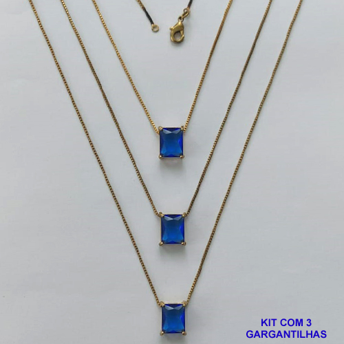 GARGANTILHA NO BRUTO PRONTA PARA O BANHO - KIT COM 3 GARGANTILHAS COM CORRENTES VENEZIANA 45CM E PINGENTE EM ZIRCÔNIA AZUL TUQUESA RETANGULAR 8X10CM - PESO TOTAL 10,5GR - BRU15715