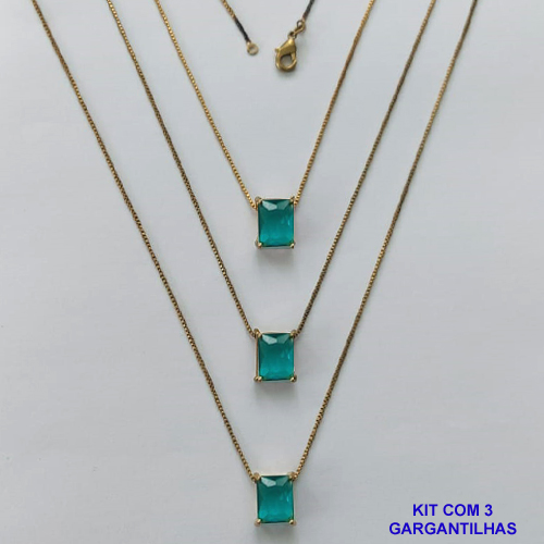 GARGANTILHA NO BRUTO PRONTA PARA O BANHO - KIT COM 3 GARGANTILHAS COM CORRENTES VENEZIANA 45CM E PINGENTE EM ZIRCÔNIA VERDE RETANGULAR 8X10CM - PESO TOTAL 10,5GR - BRU15716