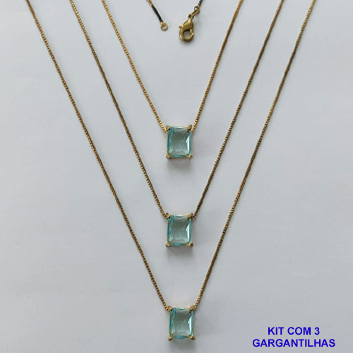 GARGANTILHA NO BRUTO PRONTA PARA O BANHO - KIT COM 3 GARGANTILHAS COM CORRENTES VENEZIANA 45CM E PINGENTE EM ZIRCÔNIA AZUL CLARA RETANGULAR 8X10CM - PESO TOTAL 10,5GR - BRU15717
