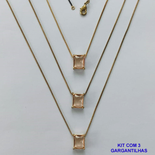 GARGANTILHA NO BRUTO PRONTA PARA O BANHO - KIT COM 3 GARGANTILHAS COM CORRENTES VENEZIANA 45CM E PINGENTE EM ZIRCÔNIA MARROM RETANGULAR 8X10CM - PESO TOTAL 10,5GR - BRU15718