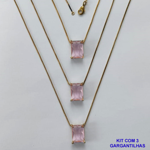 GARGANTILHA NO BRUTO PRONTA PARA O BANHO - KIT COM 3 GARGANTILHAS COM CORRENTES VENEZIANA 45CM E PINGENTE EM ZIRCÔNIA ROSA RETANGULAR 10X14CM - PESO TOTAL 12,9GR - BRU15738