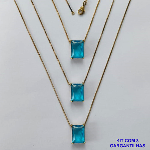 GARGANTILHA NO BRUTO PRONTA PARA O BANHO - KIT COM 3 GARGANTILHAS COM CORRENTES VENEZIANA 45CM E PINGENTE EM ZIRCÔNIA AZUL RETANGULAR 10X14CM - PESO TOTAL 12,9GR - BRU15739