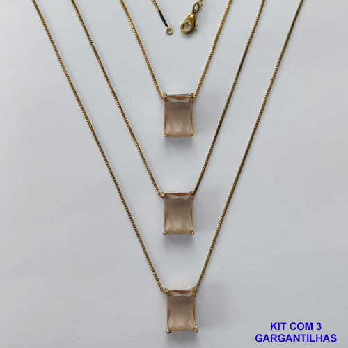 GARGANTILHA NO BRUTO PRONTA PARA O BANHO - KIT COM 3 GARGANTILHAS COM CORRENTES VENEZIANA 45CM E PINGENTE EM ZIRCÔNIA MARROM RETANGULAR 10X14CM - PESO TOTAL 12,9GR - BRU15740