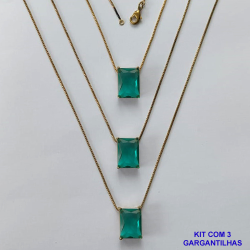 GARGANTILHA NO BRUTO PRONTA PARA O BANHO - KIT COM 3 GARGANTILHAS COM CORRENTES VENEZIANA 45CM E PINGENTE EM ZIRCÔNIA VERDE RETANGULAR 10X14CM - PESO TOTAL 12,9GR - BRU15741