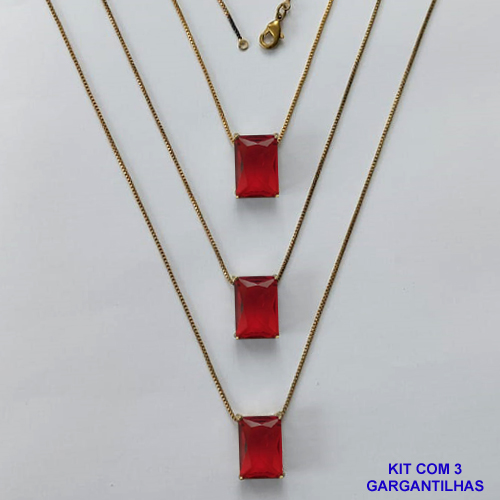 GARGANTILHA NO BRUTO PRONTA PARA O BANHO - KIT COM 3 GARGANTILHAS COM CORRENTES VENEZIANA 45CM E PINGENTE EM ZIRCÔNIA VERMELHO RETANGULAR 10X14CM - PESO TOTAL 12,9GR - BRU15742