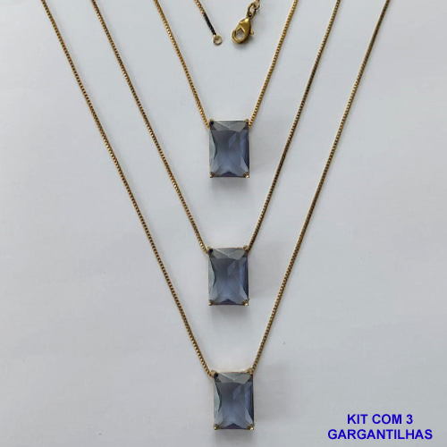 GARGANTILHA NO BRUTO PRONTA PARA O BANHO - KIT COM 3 GARGANTILHAS COM CORRENTES VENEZIANA 45CM E PINGENTE EM ZIRCÔNIA LILÁS RETANGULAR 10X14CM - PESO TOTAL 12,9GR - BRU15743