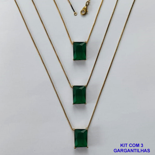 GARGANTILHA NO BRUTO PRONTA PARA O BANHO - KIT COM 3 GARGANTILHAS COM CORRENTES VENEZIANA 45CM E PINGENTE EM ZIRCÔNIA VERDE ESCURA RETANGULAR 10X14CM - PESO TOTAL 12,9GR - BRU15744