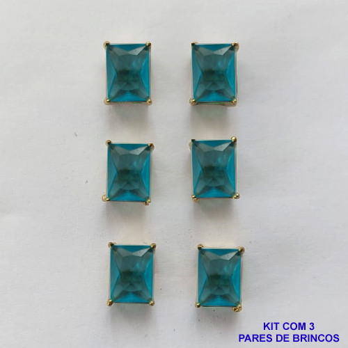 BRINCO NO BRUTO PRONTO PARA O BANHO - KIT COM 3 BRINCOS DE PINO COM ZIRCÔNIA AZUL RETANGULAR 6x8MM - PESO TOTAL 4,3GR - BRU15757