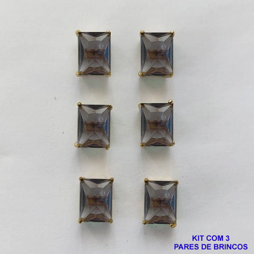 BRINCO NO BRUTO PRONTO PARA O BANHO - KIT COM 3 BRINCOS DE PINO COM ZIRCÔNIA LILÁS RETANGULAR 6x8MM - PESO TOTAL 4,3GR - BRU15759