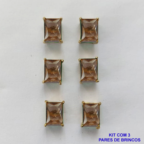 BRINCO NO BRUTO PRONTO PARA O BANHO - KIT COM 3 BRINCOS DE PINO COM ZIRCÔNIA MARROM RETANGULAR 6x8MM - PESO TOTAL 4,3GR - BRU15760