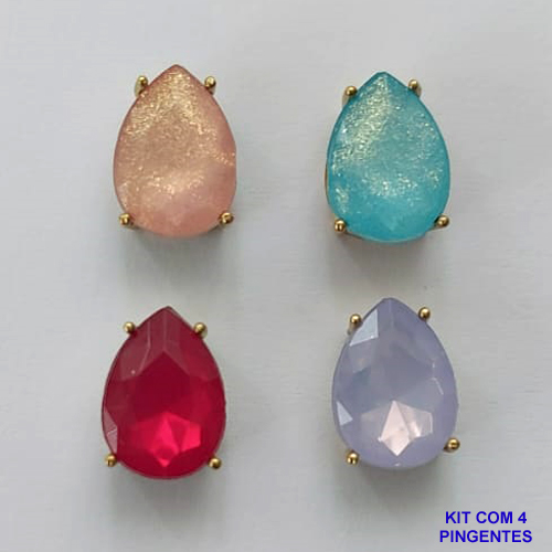 PINGENTE NO BRUTO PRONTO PARA O BANHO - KIT COM 4 PINGENTES COM RESINAS GOTAS 10x14MM - PESO TOTAL 5GR - BRU15765