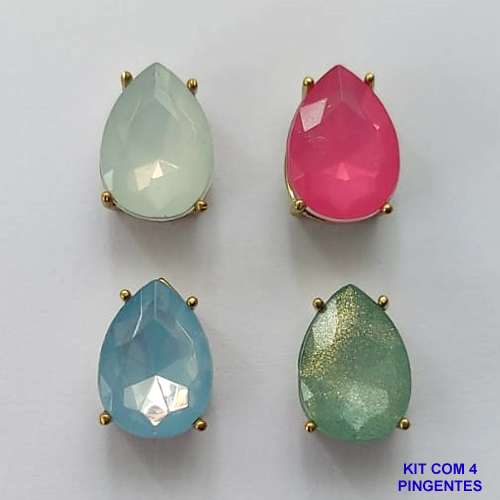 PINGENTE NO BRUTO PRONTO PARA O BANHO - KIT COM 4 PINGENTES COM RESINAS GOTAS 10x14MM - PESO TOTAL 5GR - BRU15766