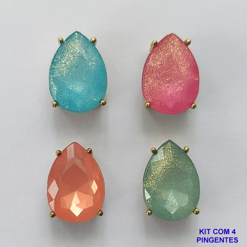 PINGENTE NO BRUTO PRONTO PARA O BANHO - KIT COM 4 PINGENTES COM RESINAS GOTAS 10x14MM - PESO TOTAL 5GR - BRU15768