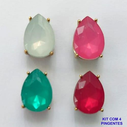 PINGENTE NO BRUTO PRONTO PARA O BANHO - KIT COM 4 PINGENTES COM RESINAS GOTAS 10x14MM - PESO TOTAL 5GR - BRU15769