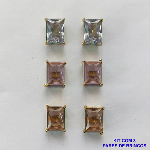 BRINCO NO BRUTO PRONTO PARA O BANHO - KIT COM 3 BRINCOS DE PINO COM ZIRCÔNIA RETANGULAR 6X8MM - PESO TOTAL 4,3GR - BRU15777