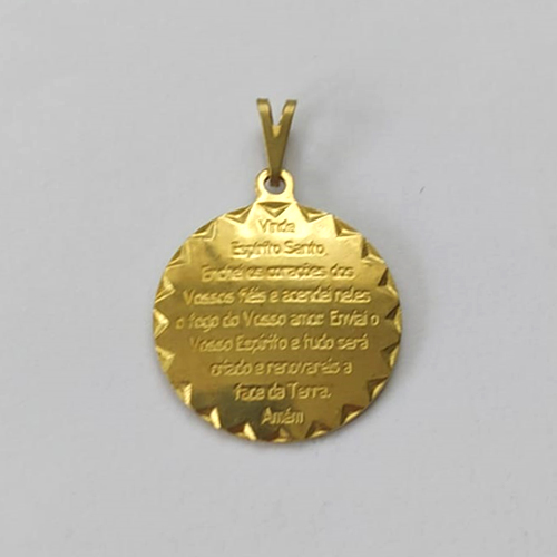 PINGENTE NO BRUTO PRONTO PARA O BANHO - (E2343) PINGENTE REDONDO ORAÇÃO ESPÍRITO SANTO 23MM - PESO: 1,9GR - COMPOSIÇÃO: 100% LATÃO - BRU15792