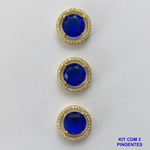PINGENTE NO BRUTO PRONTO PARA O BANHO - KIT COM 3 PINGENTES COM BASES EM ALTA FUSÃO REDONDAS CRAVEJADAS COM MICROS ZIRCÔNIAS CRISTAIS E PEDRA EM ZIRCÔNIA AZUL TURQUESA 10MM - PESO TOTAL 6,6GR - BRU15802