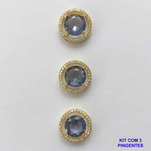 PINGENTE NO BRUTO PRONTO PARA O BANHO - KIT COM 3 PINGENTES COM BASES EM ALTA FUSÃO REDONDAS CRAVEJADAS COM MICROS ZIRCÔNIAS CRISTAIS E PEDRA EM ZIRCÔNIA LILÁS 10MM - PESO TOTAL 6,6GR - BRU15812